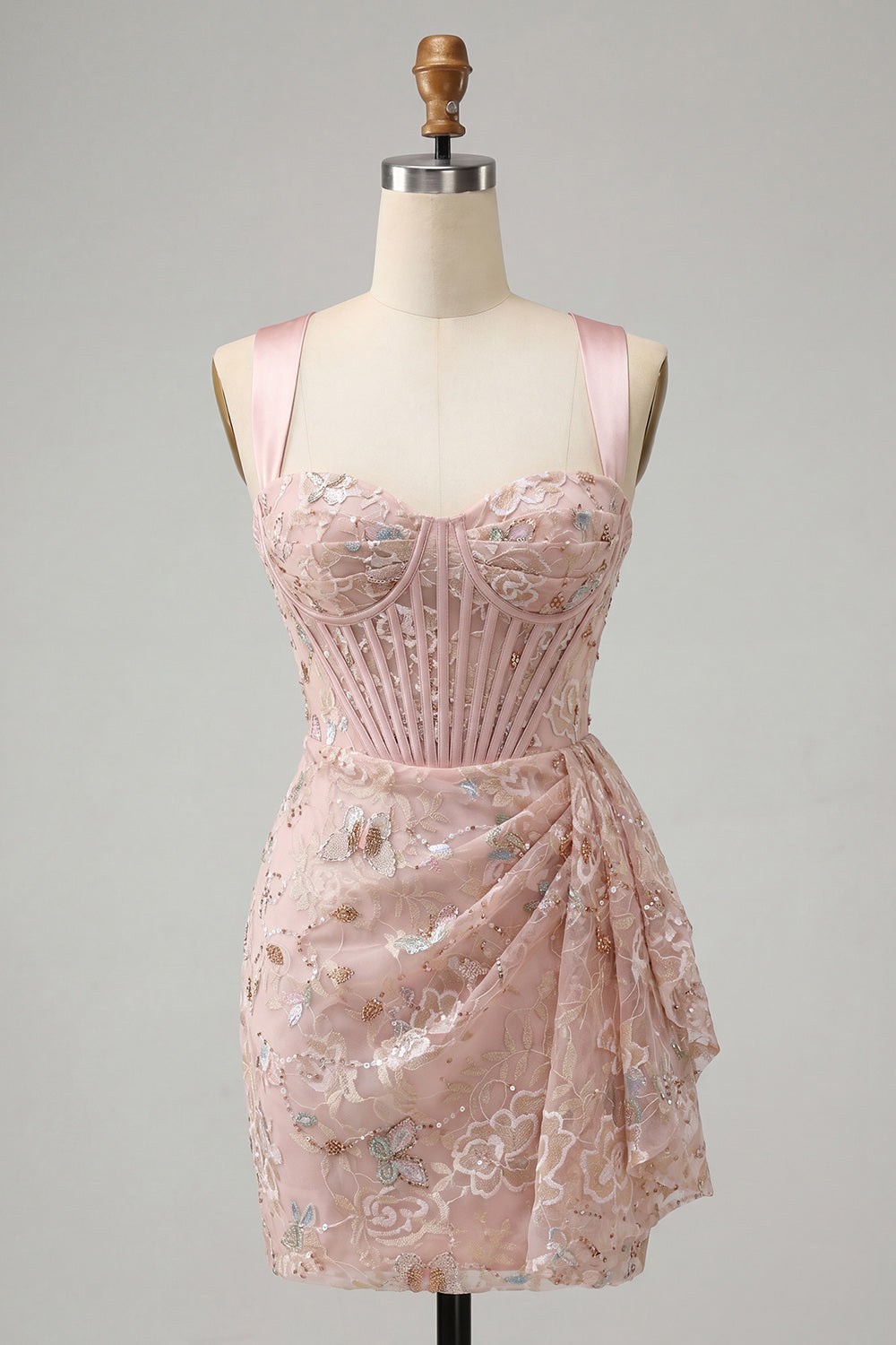 Floral Apricot Corset Ruched Tight Short Homecoming Dress with Beading