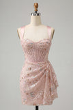 Floral Apricot Corset Ruched Tight Short Homecoming Dress with Beading