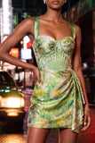 Floral Apricot Corset Ruched Tight Short Homecoming Dress with Beading