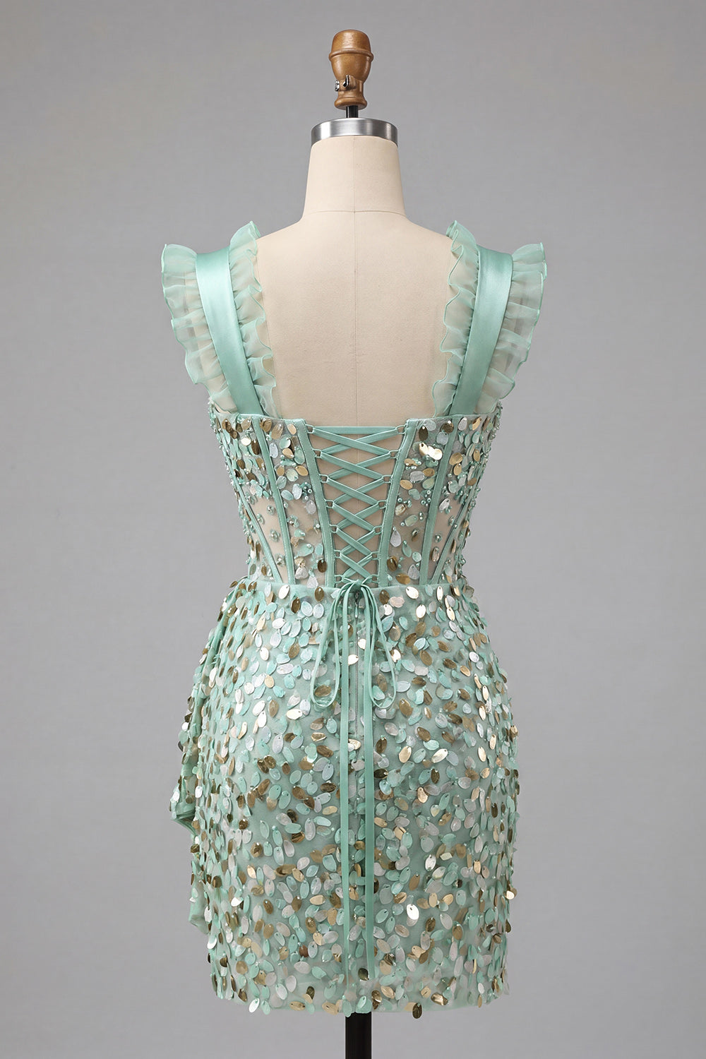 Sparkly Sequin Champagne Corset Tight Short Homecoming Dress with Ruffles