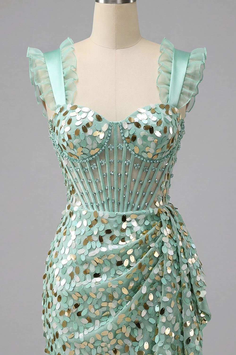 Sparkly Sequin Champagne Corset Tight Short Homecoming Dress with Ruffles