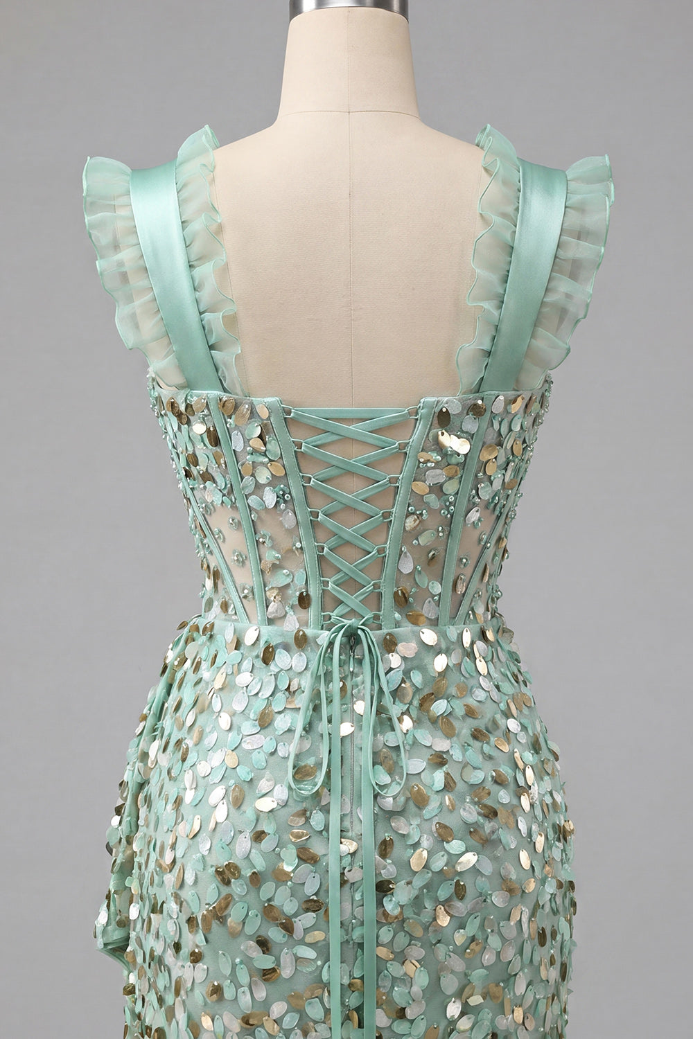 Sparkly Sequin Champagne Corset Tight Short Homecoming Dress with Ruffles