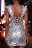 Sparkly Sequin Champagne Corset Tight Short Homecoming Dress with Ruffles