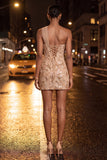 Sparkly Floral Peach One Shoulder Sequin Corset Tight Short Homecoming Dress
