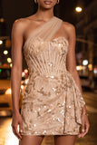Sparkly Floral Peach One Shoulder Sequin Corset Tight Short Homecoming Dress