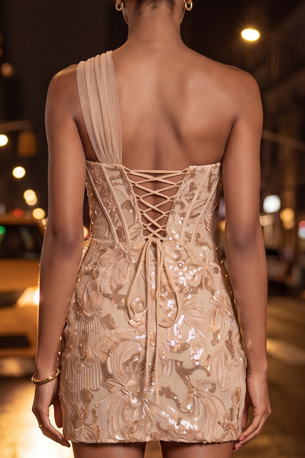 Sparkly Floral Peach One Shoulder Sequin Corset Tight Short Homecoming Dress