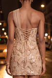Sparkly Floral Peach One Shoulder Sequin Corset Tight Short Homecoming Dress