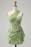 Sparkly Floral Peach One Shoulder Sequin Corset Tight Short Homecoming Dress