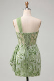 Sparkly Floral Peach One Shoulder Sequin Corset Tight Short Homecoming Dress