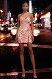 Sparkly Floral Peach One Shoulder Sequin Corset Tight Short Homecoming Dress