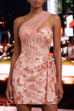 Sparkly Floral Peach One Shoulder Sequin Corset Tight Short Homecoming Dress