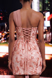 Sparkly Floral Peach One Shoulder Sequin Corset Tight Short Homecoming Dress
