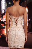 Floral Apricot Corset Tight Short Homecoming Dress with Ruffles