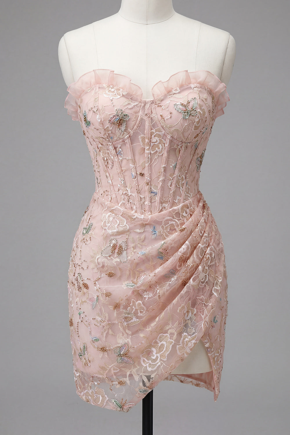 Floral Apricot Corset Tight Short Homecoming Dress with Ruffles
