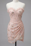 Floral Apricot Corset Tight Short Homecoming Dress with Ruffles