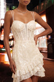 Floral Pink Corset Sequin Tight Short Homecoming Dress with Ruffles