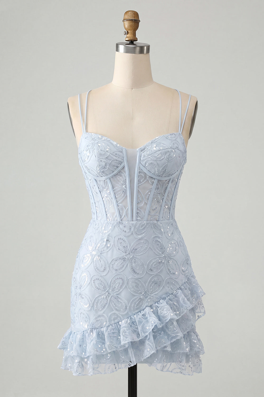 Floral Pink Corset Sequin Tight Short Homecoming Dress with Ruffles