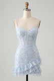 Floral Pink Corset Sequin Tight Short Homecoming Dress with Ruffles