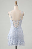 Floral Pink Corset Sequin Tight Short Homecoming Dress with Ruffles