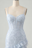 Floral Pink Corset Sequin Tight Short Homecoming Dress with Ruffles