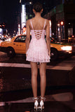 Floral Pink Corset Sequin Tight Short Homecoming Dress with Ruffles