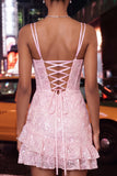 Floral Pink Corset Sequin Tight Short Homecoming Dress with Ruffles