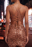 Sparkly Coffee Sequin Spaghetti Straps Tight Short Homecoming Dress