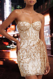 Champagne Sparkly Sequin Corset Ruched Tight Short Homecoming Dress
