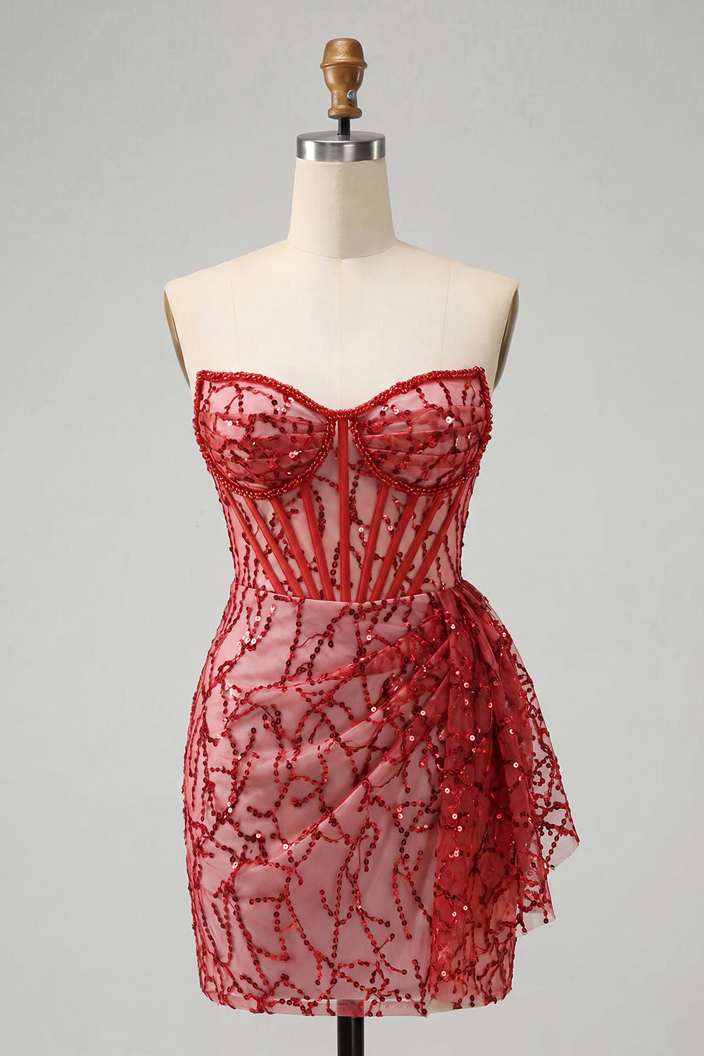 Champagne Sparkly Sequin Corset Ruched Tight Short Homecoming Dress