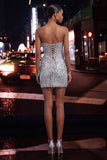 Champagne Sparkly Sequin Corset Ruched Tight Short Homecoming Dress