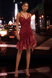 Burgundy Ruffled Tight Short Homecoming Dress with 3D Flowers