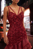 Burgundy Ruffled Tight Short Homecoming Dress with 3D Flowers