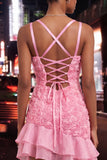Burgundy Ruffled Tight Short Homecoming Dress with 3D Flowers