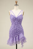 Burgundy Ruffled Tight Short Homecoming Dress with 3D Flowers