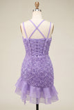 Burgundy Ruffled Tight Short Homecoming Dress with 3D Flowers