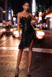 Sparkly Black Sequin Ruched Ruffled Tight Short Homecoming Dress