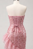 Sparkly Black Sequin Ruched Ruffled Tight Short Homecoming Dress
