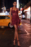 Floral Burgundy Corset Ruffled Tight Short Homecoming Dress