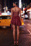Floral Burgundy Corset Ruffled Tight Short Homecoming Dress