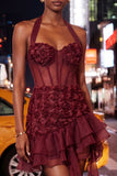 Floral Burgundy Corset Ruffled Tight Short Homecoming Dress