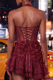 Floral Burgundy Corset Ruffled Tight Short Homecoming Dress