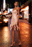 Sparkly Sequin Apricot Corset Tight Short Homecoming Dress with Ruffles