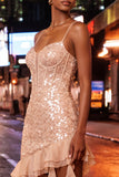Sparkly Sequin Apricot Corset Tight Short Homecoming Dress with Ruffles