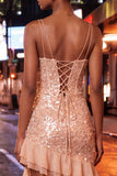 Sparkly Sequin Apricot Corset Tight Short Homecoming Dress with Ruffles