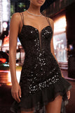 Sparkly Sequin Apricot Corset Tight Short Homecoming Dress with Ruffles