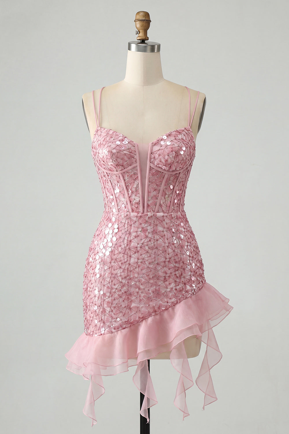 Sparkly Sequin Apricot Corset Tight Short Homecoming Dress with Ruffles