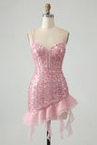Sparkly Sequin Apricot Corset Tight Short Homecoming Dress with Ruffles