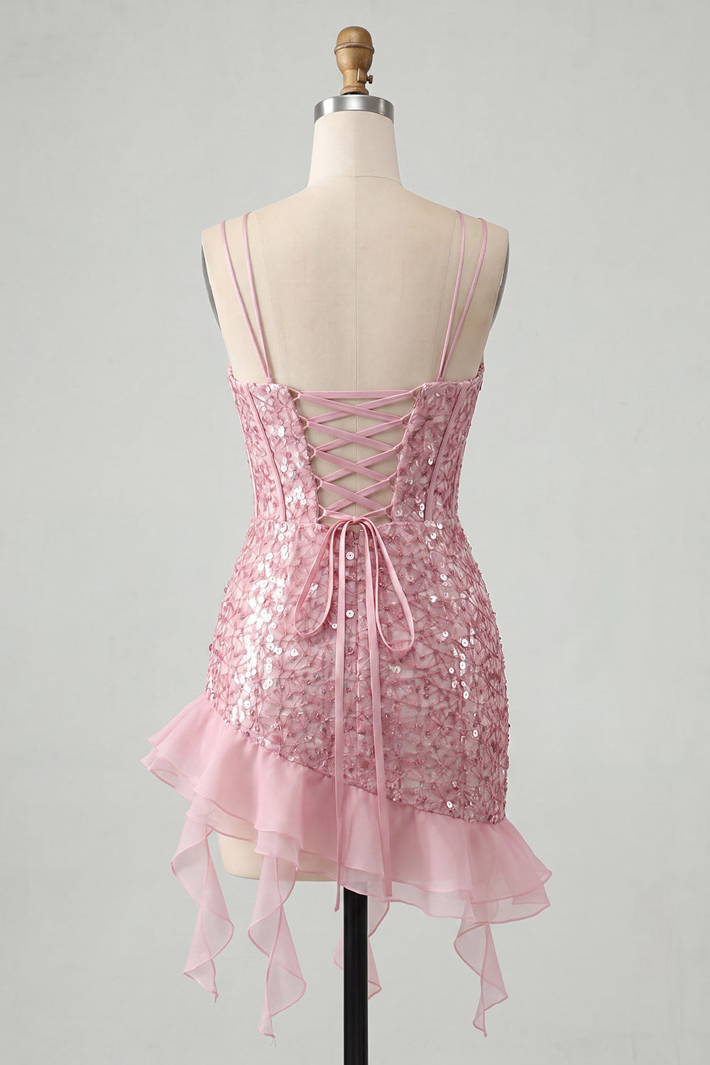Sparkly Sequin Apricot Corset Tight Short Homecoming Dress with Ruffles