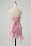 Sparkly Sequin Apricot Corset Tight Short Homecoming Dress with Ruffles