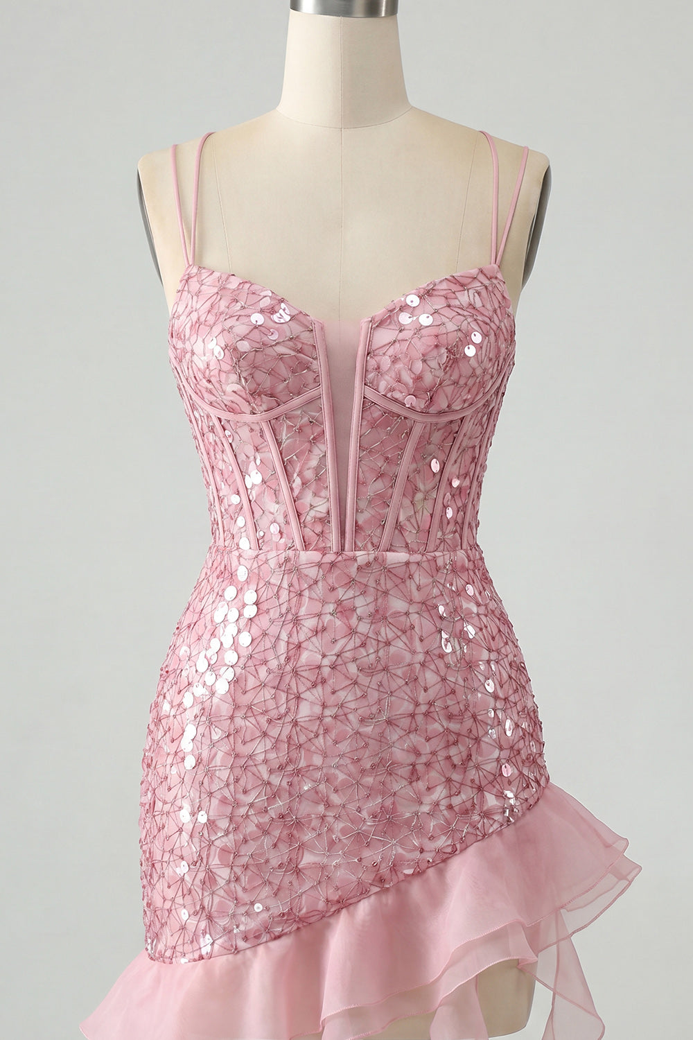 Sparkly Sequin Apricot Corset Tight Short Homecoming Dress with Ruffles